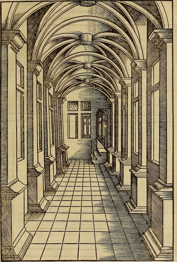 An illustration from Eyn schön nützlich Büchlin vnd Vnderweisung der Kunst des Messens mit dem Zirckel, Richtscheidt oder Linial : zu nutz allen Kunstliebhabern fürnemlich den Malern, Bildhawern, Goldschmiden, Seidenstikern, Steynmetzen, Scheinern auch allen Andern so sich der Kunst des Messens (Perspectiua zü latin gnant) zügebrauchen Lust haben : darin Man auch solche Kunst leichter dan ausz etzlichen hieuorgetruckten Büchern begreiffen vn lernen mag mit vil [i.e., 56] schönen darzü dienenden Figuren, 1531, leaf 46
