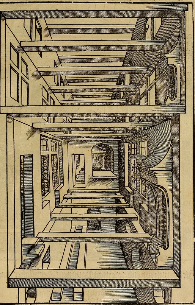 An illustration from Eyn schön nützlich Büchlin vnd Vnderweisung der Kunst des Messens mit dem Zirckel, Richtscheidt oder Linial : zu nutz allen Kunstliebhabern fürnemlich den Malern, Bildhawern, Goldschmiden, Seidenstikern, Steynmetzen, Scheinern auch allen Andern so sich der Kunst des Messens (Perspectiua zü latin gnant) zügebrauchen Lust haben : darin Man auch solche Kunst leichter dan ausz etzlichen hieuorgetruckten Büchern begreiffen vn lernen mag mit vil [i.e., 56] schönen darzü dienenden Figuren, 1531, leaf 50