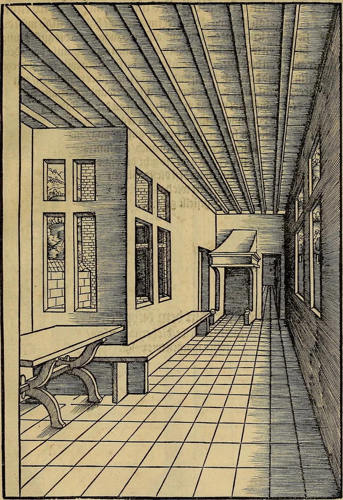 An illustration from Eyn schön nützlich Büchlin vnd Vnderweisung der Kunst des Messens mit dem Zirckel, Richtscheidt oder Linial : zu nutz allen Kunstliebhabern fürnemlich den Malern, Bildhawern, Goldschmiden, Seidenstikern, Steynmetzen, Scheinern auch allen Andern so sich der Kunst des Messens (Perspectiua zü latin gnant) zügebrauchen Lust haben : darin Man auch solche Kunst leichter dan ausz etzlichen hieuorgetruckten Büchern begreiffen vn lernen mag mit vil [i.e., 56] schönen darzü dienenden Figuren, 1531, leaf 56