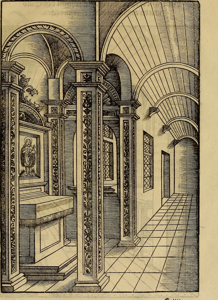 An illustration from Eyn schön nützlich Büchlin vnd Vnderweisung der Kunst des Messens mit dem Zirckel, Richtscheidt oder Linial : zu nutz allen Kunstliebhabern fürnemlich den Malern, Bildhawern, Goldschmiden, Seidenstikern, Steynmetzen, Scheinern auch allen Andern so sich der Kunst des Messens (Perspectiua zü latin gnant) zügebrauchen Lust haben : darin Man auch solche Kunst leichter dan ausz etzlichen hieuorgetruckten Büchern begreiffen vn lernen mag mit vil [i.e., 56] schönen darzü dienenden Figuren, 1531, leaf 62