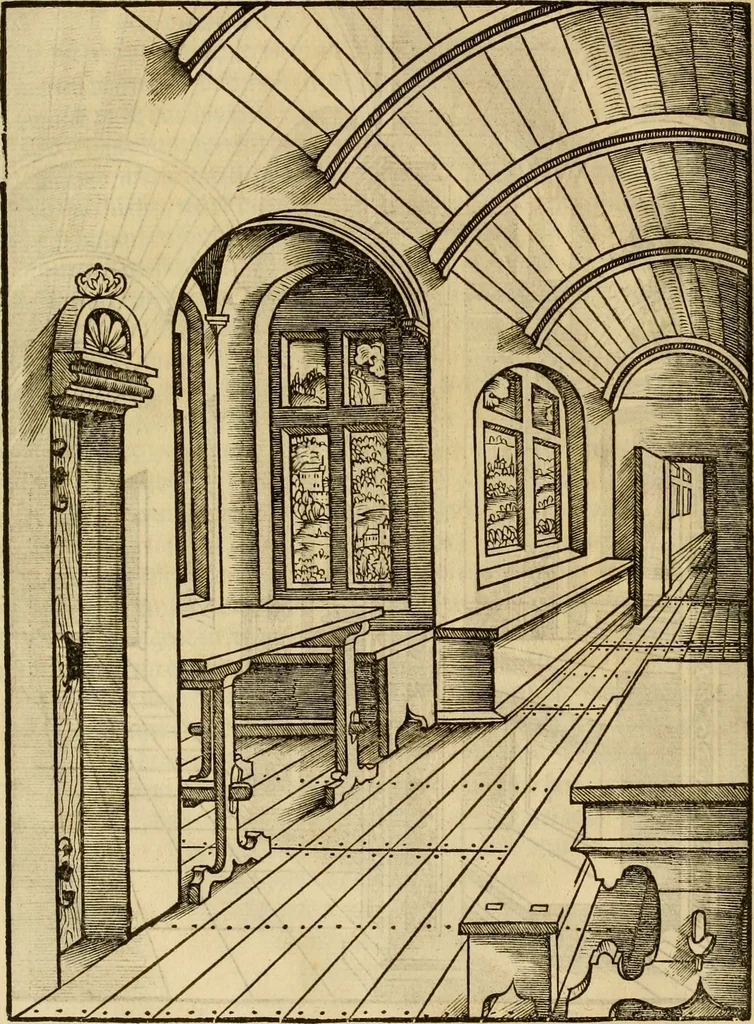 An illustration from Eyn schön nützlich Büchlin vnd Vnderweisung der Kunst des Messens mit dem Zirckel, Richtscheidt oder Linial : zu nutz allen Kunstliebhabern fürnemlich den Malern, Bildhawern, Goldschmiden, Seidenstikern, Steynmetzen, Scheinern auch allen Andern so sich der Kunst des Messens (Perspectiua zü latin gnant) zügebrauchen Lust haben : darin Man auch solche Kunst leichter dan ausz etzlichen hieuorgetruckten Büchern begreiffen vn lernen mag mit vil [i.e., 56] schönen darzü dienenden Figuren, 1531, leaf 63