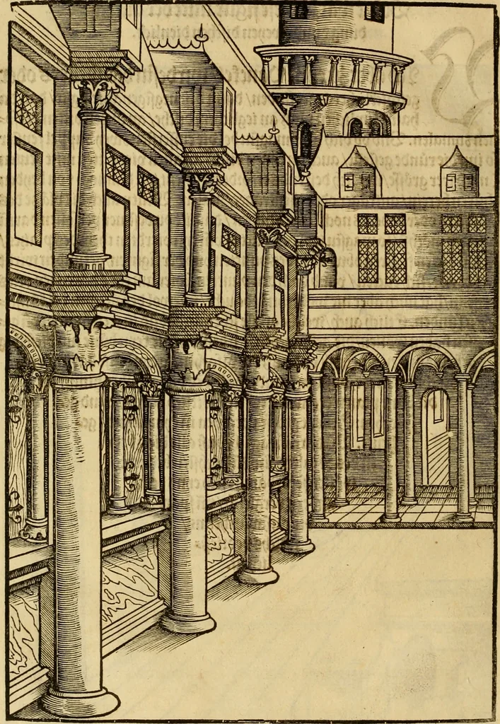 An illustration from Eyn schön nützlich Büchlin vnd Vnderweisung der Kunst des Messens mit dem Zirckel, Richtscheidt oder Linial : zu nutz allen Kunstliebhabern fürnemlich den Malern, Bildhawern, Goldschmiden, Seidenstikern, Steynmetzen, Scheinern auch allen Andern so sich der Kunst des Messens (Perspectiua zü latin gnant) zügebrauchen Lust haben : darin Man auch solche Kunst leichter dan ausz etzlichen hieuorgetruckten Büchern begreiffen vn lernen mag mit vil [i.e., 56] schönen darzü dienenden Figuren, 1531, leaf 65