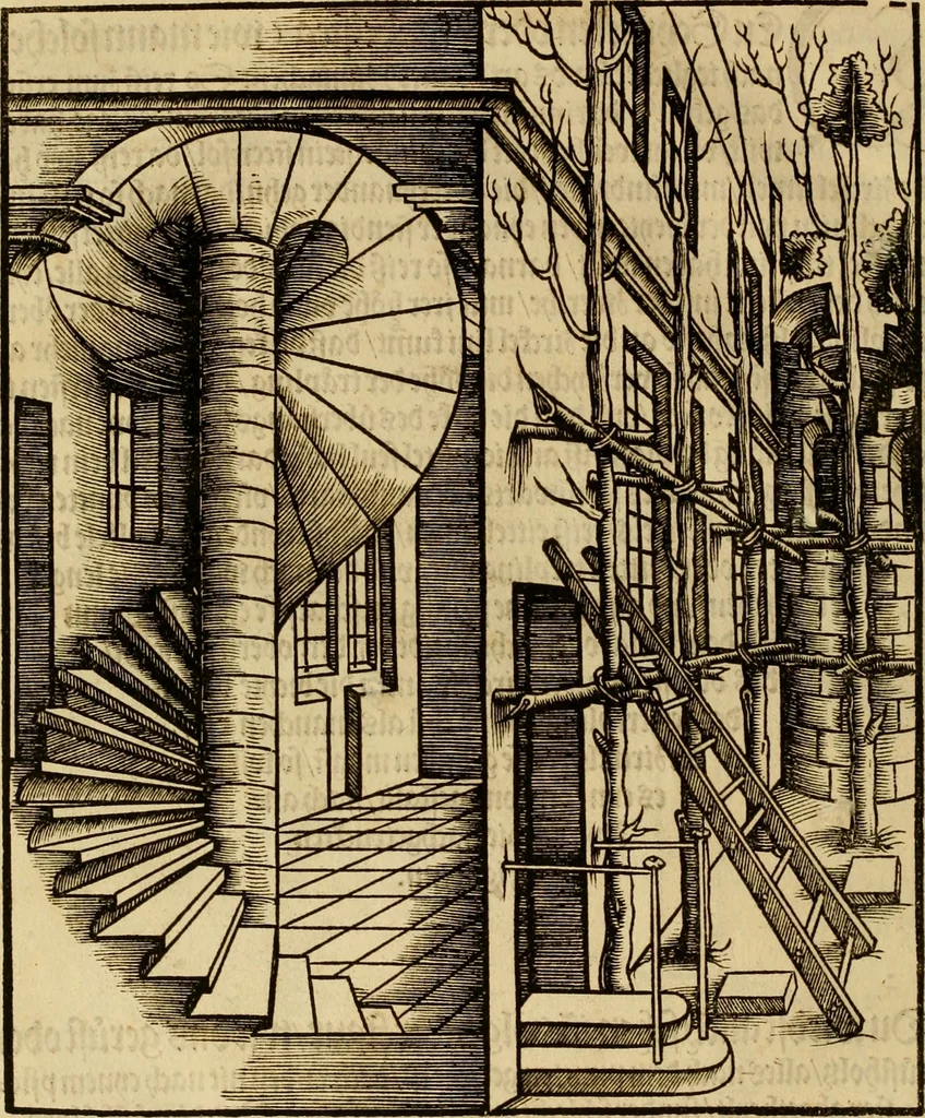 An illustration from Eyn schön nützlich Büchlin vnd Vnderweisung der Kunst des Messens mit dem Zirckel, Richtscheidt oder Linial : zu nutz allen Kunstliebhabern fürnemlich den Malern, Bildhawern, Goldschmiden, Seidenstikern, Steynmetzen, Scheinern auch allen Andern so sich der Kunst des Messens (Perspectiua zü latin gnant) zügebrauchen Lust haben : darin Man auch solche Kunst leichter dan ausz etzlichen hieuorgetruckten Büchern begreiffen vn lernen mag mit vil [i.e., 56] schönen darzü dienenden Figuren, 1531, leaf 69