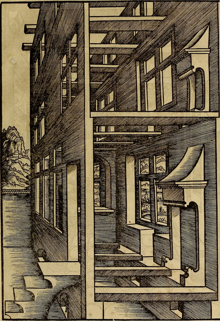 An illustration from Eyn schön nützlich Büchlin vnd Vnderweisung der Kunst des Messens mit dem Zirckel, Richtscheidt oder Linial : zu nutz allen Kunstliebhabern fürnemlich den Malern, Bildhawern, Goldschmiden, Seidenstikern, Steynmetzen, Scheinern auch allen Andern so sich der Kunst des Messens (Perspectiua zü latin gnant) zügebrauchen Lust haben : darin Man auch solche Kunst leichter dan ausz etzlichen hieuorgetruckten Büchern begreiffen vn lernen mag mit vil [i.e., 56] schönen darzü dienenden Figuren, 1531, leaf 70