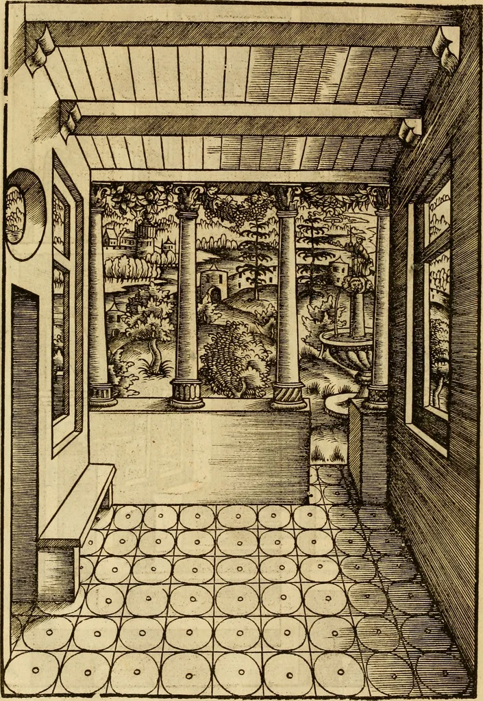 An illustration from Eyn schön nützlich Büchlin vnd Vnderweisung der Kunst des Messens mit dem Zirckel, Richtscheidt oder Linial : zu nutz allen Kunstliebhabern fürnemlich den Malern, Bildhawern, Goldschmiden, Seidenstikern, Steynmetzen, Scheinern auch allen Andern so sich der Kunst des Messens (Perspectiua zü latin gnant) zügebrauchen Lust haben : darin Man auch solche Kunst leichter dan ausz etzlichen hieuorgetruckten Büchern begreiffen vn lernen mag mit vil [i.e., 56] schönen darzü dienenden Figuren, 1531, leaf 71