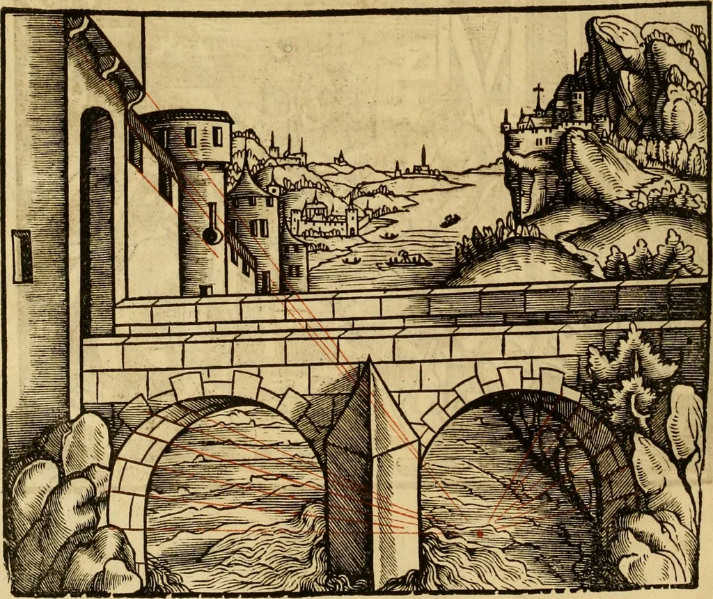 An illustration from Eyn schön nützlich Büchlin vnd Vnderweisung der Kunst des Messens mit dem Zirckel, Richtscheidt oder Linial : zu nutz allen Kunstliebhabern fürnemlich den Malern, Bildhawern, Goldschmiden, Seidenstikern, Steynmetzen, Scheinern auch allen Andern so sich der Kunst des Messens (Perspectiua zü latin gnant) zügebrauchen Lust haben : darin Man auch solche Kunst leichter dan ausz etzlichen hieuorgetruckten Büchern begreiffen vn lernen mag mit vil [i.e., 56] schönen darzü dienenden Figuren, 1531, leaf 77