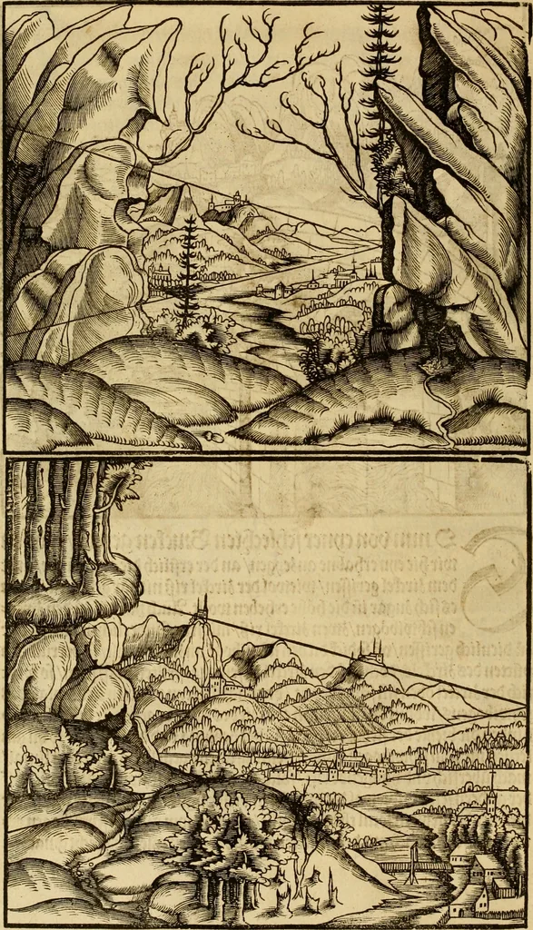 An illustration from Eyn schön nützlich Büchlin vnd Vnderweisung der Kunst des Messens mit dem Zirckel, Richtscheidt oder Linial : zu nutz allen Kunstliebhabern fürnemlich den Malern, Bildhawern, Goldschmiden, Seidenstikern, Steynmetzen, Scheinern auch allen Andern so sich der Kunst des Messens (Perspectiua zü latin gnant) zügebrauchen Lust haben : darin Man auch solche Kunst leichter dan ausz etzlichen hieuorgetruckten Büchern begreiffen vn lernen mag mit vil [i.e., 56] schönen darzü dienenden Figuren, 1531, leaf 79