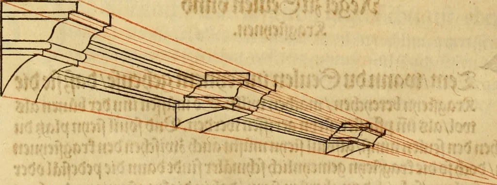 An illustration from Eyn schön nützlich Büchlin vnd Vnderweisung der Kunst des Messens mit dem Zirckel, Richtscheidt oder Linial : zu nutz allen Kunstliebhabern fürnemlich den Malern, Bildhawern, Goldschmiden, Seidenstikern, Steynmetzen, Scheinern auch allen Andern so sich der Kunst des Messens (Perspectiua zü latin gnant) zügebrauchen Lust haben : darin Man auch solche Kunst leichter dan ausz etzlichen hieuorgetruckten Büchern begreiffen vn lernen mag mit vil [i.e., 56] schönen darzü dienenden Figuren, 1531, leaf 83