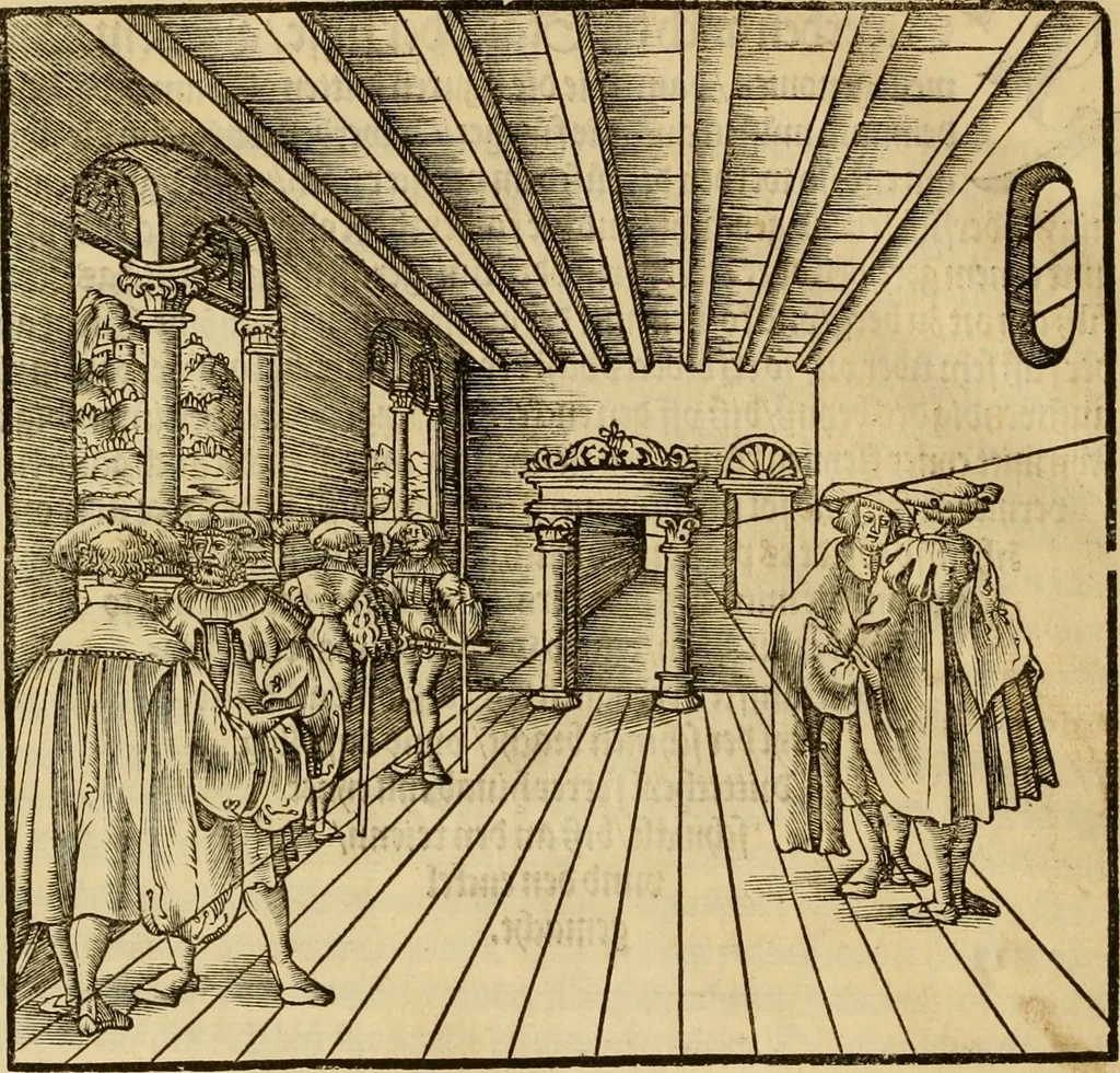 An illustration from Eyn schön nützlich Büchlin vnd Vnderweisung der Kunst des Messens mit dem Zirckel, Richtscheidt oder Linial : zu nutz allen Kunstliebhabern fürnemlich den Malern, Bildhawern, Goldschmiden, Seidenstikern, Steynmetzen, Scheinern auch allen Andern so sich der Kunst des Messens (Perspectiua zü latin gnant) zügebrauchen Lust haben : darin Man auch solche Kunst leichter dan ausz etzlichen hieuorgetruckten Büchern begreiffen vn lernen mag mit vil [i.e., 56] schönen darzü dienenden Figuren, 1531, leaf 91