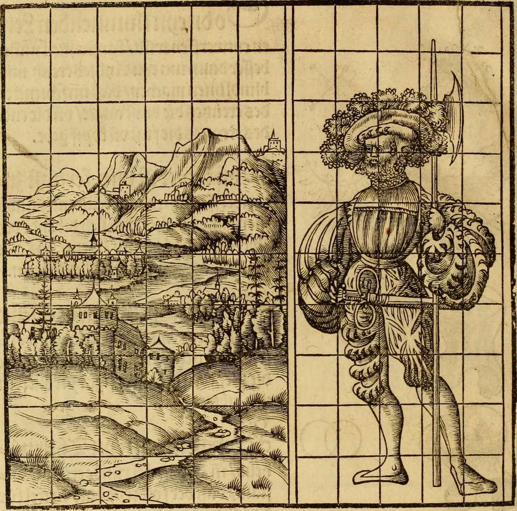 An illustration from Eyn schön nützlich Büchlin vnd Vnderweisung der Kunst des Messens mit dem Zirckel, Richtscheidt oder Linial : zu nutz allen Kunstliebhabern fürnemlich den Malern, Bildhawern, Goldschmiden, Seidenstikern, Steynmetzen, Scheinern auch allen Andern so sich der Kunst des Messens (Perspectiua zü latin gnant) zügebrauchen Lust haben : darin Man auch solche Kunst leichter dan ausz etzlichen hieuorgetruckten Büchern begreiffen vn lernen mag mit vil [i.e., 56] schönen darzü dienenden Figuren, 1531, leaf 93