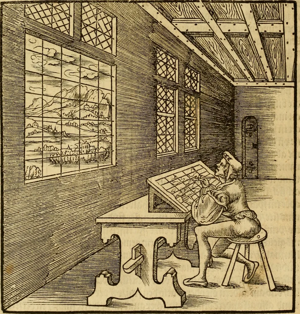 An illustration from Eyn schön nützlich Büchlin vnd Vnderweisung der Kunst des Messens mit dem Zirckel, Richtscheidt oder Linial : zu nutz allen Kunstliebhabern fürnemlich den Malern, Bildhawern, Goldschmiden, Seidenstikern, Steynmetzen, Scheinern auch allen Andern so sich der Kunst des Messens (Perspectiua zü latin gnant) zügebrauchen Lust haben : darin Man auch solche Kunst leichter dan ausz etzlichen hieuorgetruckten Büchern begreiffen vn lernen mag mit vil [i.e., 56] schönen darzü dienenden Figuren, 1531, leaf 95