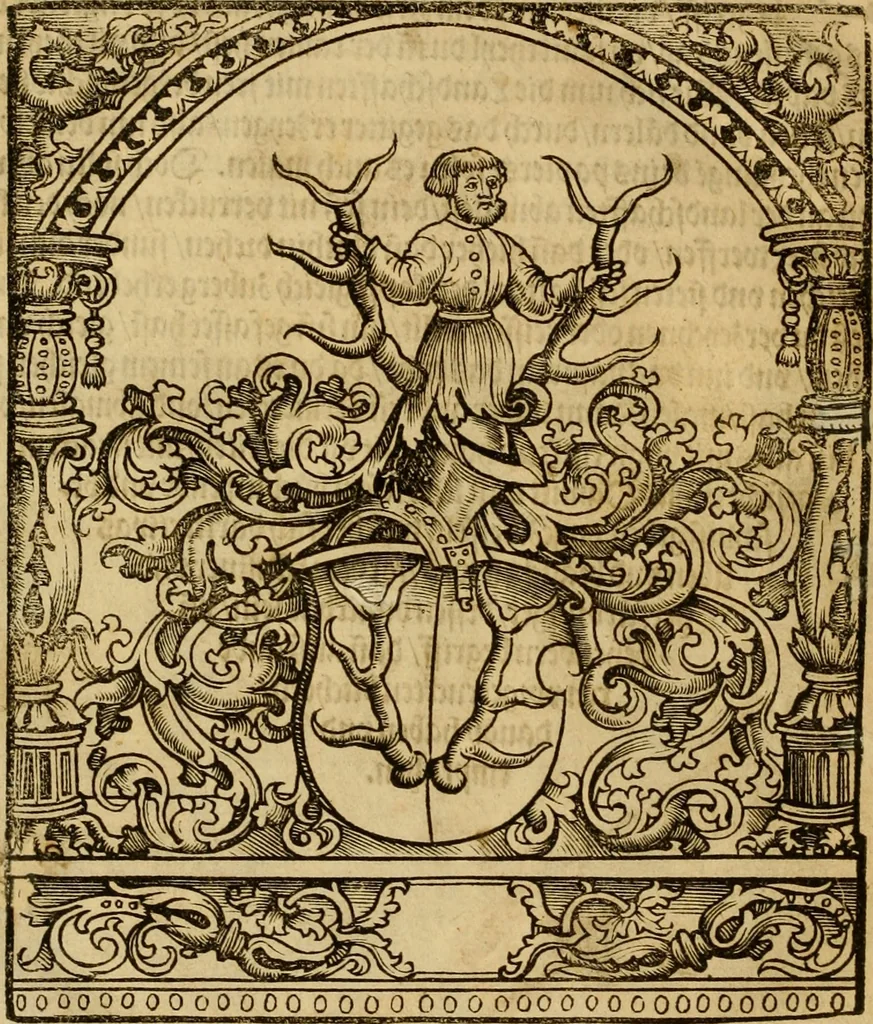 An illustration from Eyn schön nützlich Büchlin vnd Vnderweisung der Kunst des Messens mit dem Zirckel, Richtscheidt oder Linial : zu nutz allen Kunstliebhabern fürnemlich den Malern, Bildhawern, Goldschmiden, Seidenstikern, Steynmetzen, Scheinern auch allen Andern so sich der Kunst des Messens (Perspectiua zü latin gnant) zügebrauchen Lust haben : darin Man auch solche Kunst leichter dan ausz etzlichen hieuorgetruckten Büchern begreiffen vn lernen mag mit vil [i.e., 56] schönen darzü dienenden Figuren, 1531, leaf 97