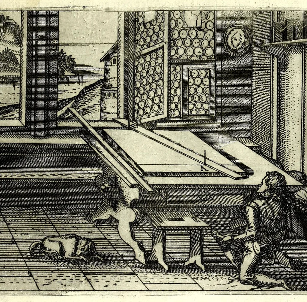 An illustration from Fabrica et usus instrumenti chorographici : quo mira facilitate describuntur regiones & singulae partes earum, veluti montes, urbes, castella, pagi, propugnacula, & similia : additae sunt, praeter duo instrumenta homogenea XV. formae aneae, fabricam & usum instrumentorum quasi in synopsi proponentes, 1607, leaf 5