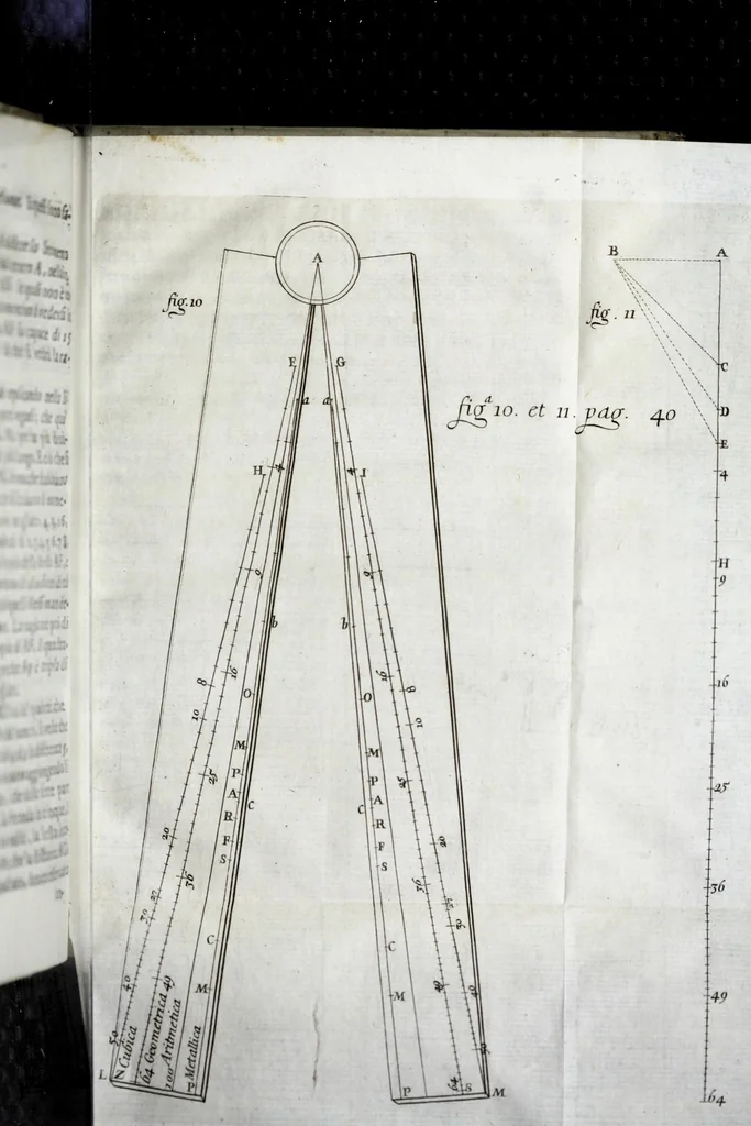 An illustration from Fabrica, et vso del compasso di proportione : doue insegna à gli artefici il modo di fare in esso le necessarie diuisioni, e con varij problemi vsuali mostra l'vtilità di questo stromento, 1664, leaf 57