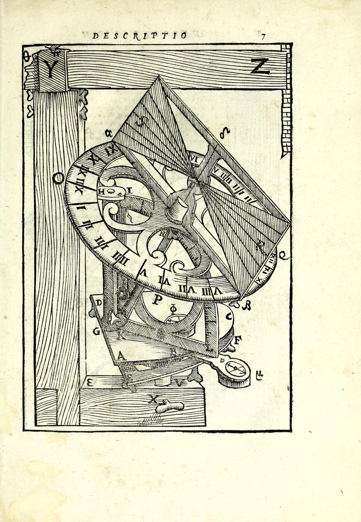 An illustration from Fabrica et vsvs : instrvmenti ad horologiorvm descriptionem peropportvni : accessit ratio describendarvm horarum a meridie & media nocte exquisitissima, & nunquam ante hac in lucem edita, 1586, leaf 15