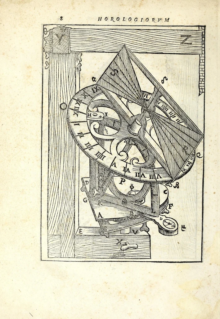 An illustration from Fabrica et vsvs : instrvmenti ad horologiorvm descriptionem peropportvni : accessit ratio describendarvm horarum a meridie & media nocte exquisitissima, & nunquam ante hac in lucem edita, 1586, leaf 16