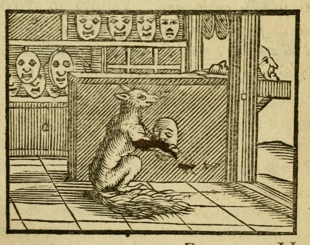 An illustration from Fabulæ Æsopi Graecè & Latinè, nunc denuo selectæ : eæ item, quas Avienus carmine expressit, accedit ranarum et murium pugna, Homero olim adscripta cum ... figuris .., 1660, leaf 13