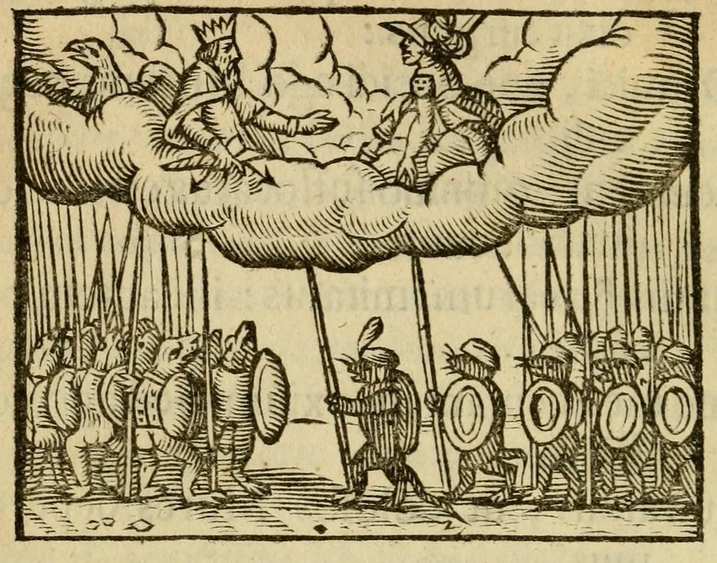 An illustration from Fabulæ Æsopi Graecè & Latinè, nunc denuo selectæ : eæ item, quas Avienus carmine expressit, accedit ranarum et murium pugna, Homero olim adscripta cum ... figuris .., 1660, leaf 144