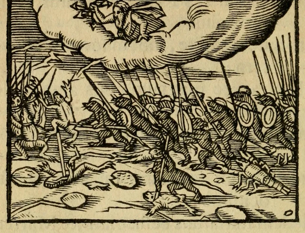 An illustration from Fabulæ Æsopi Graecè & Latinè, nunc denuo selectæ : eæ item, quas Avienus carmine expressit, accedit ranarum et murium pugna, Homero olim adscripta cum ... figuris .., 1660, leaf 160