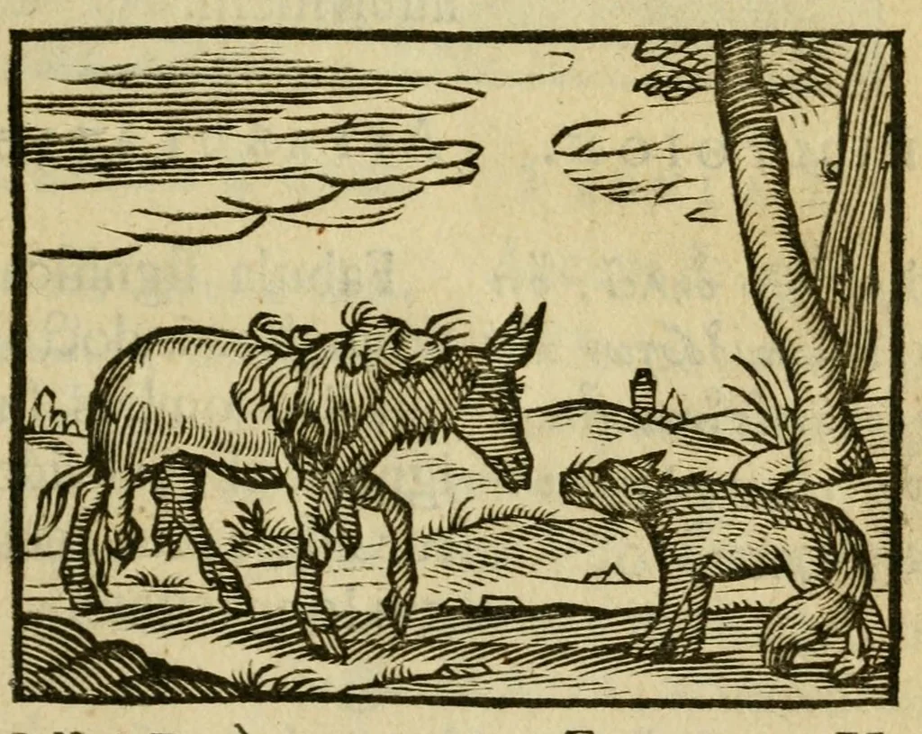 An illustration from Fabulæ Æsopi Graecè & Latinè, nunc denuo selectæ : eæ item, quas Avienus carmine expressit, accedit ranarum et murium pugna, Homero olim adscripta cum ... figuris .., 1660, leaf 17