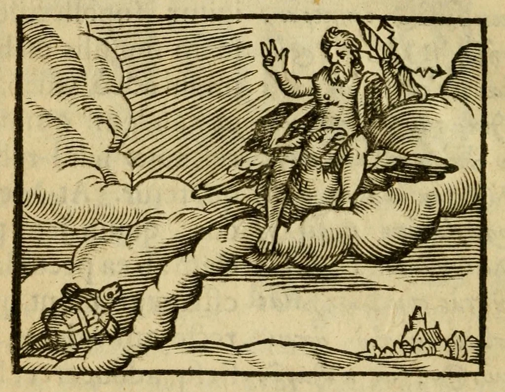 An illustration from Fabulæ Æsopi Graecè & Latinè, nunc denuo selectæ : eæ item, quas Avienus carmine expressit, accedit ranarum et murium pugna, Homero olim adscripta cum ... figuris .., 1660, leaf 42