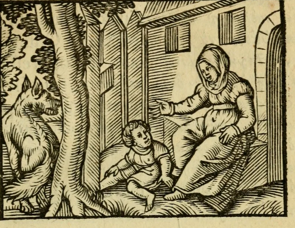 An illustration from Fabulæ Æsopi Graecè & Latinè, nunc denuo selectæ : eæ item, quas Avienus carmine expressit, accedit ranarum et murium pugna, Homero olim adscripta cum ... figuris .., 1660, leaf 63