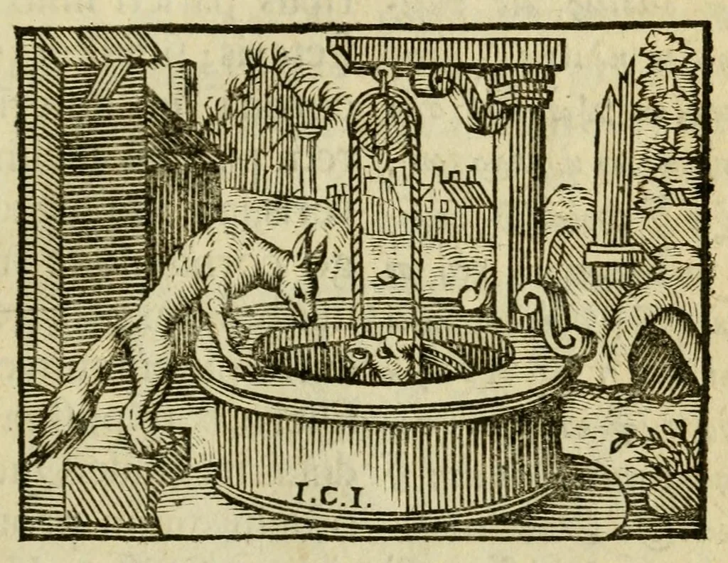 An illustration from Fabulæ Æsopi Graecè & Latinè, nunc denuo selectæ : eæ item, quas Avienus carmine expressit, accedit ranarum et murium pugna, Homero olim adscripta cum ... figuris .., 1660, leaf 77