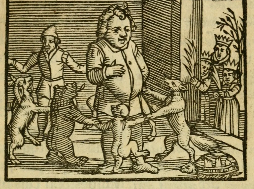 An illustration from Fabulæ Æsopi Graecè & Latinè, nunc denuo selectæ : eæ item, quas Avienus carmine expressit, accedit ranarum et murium pugna, Homero olim adscripta cum ... figuris .., 1660, leaf 9