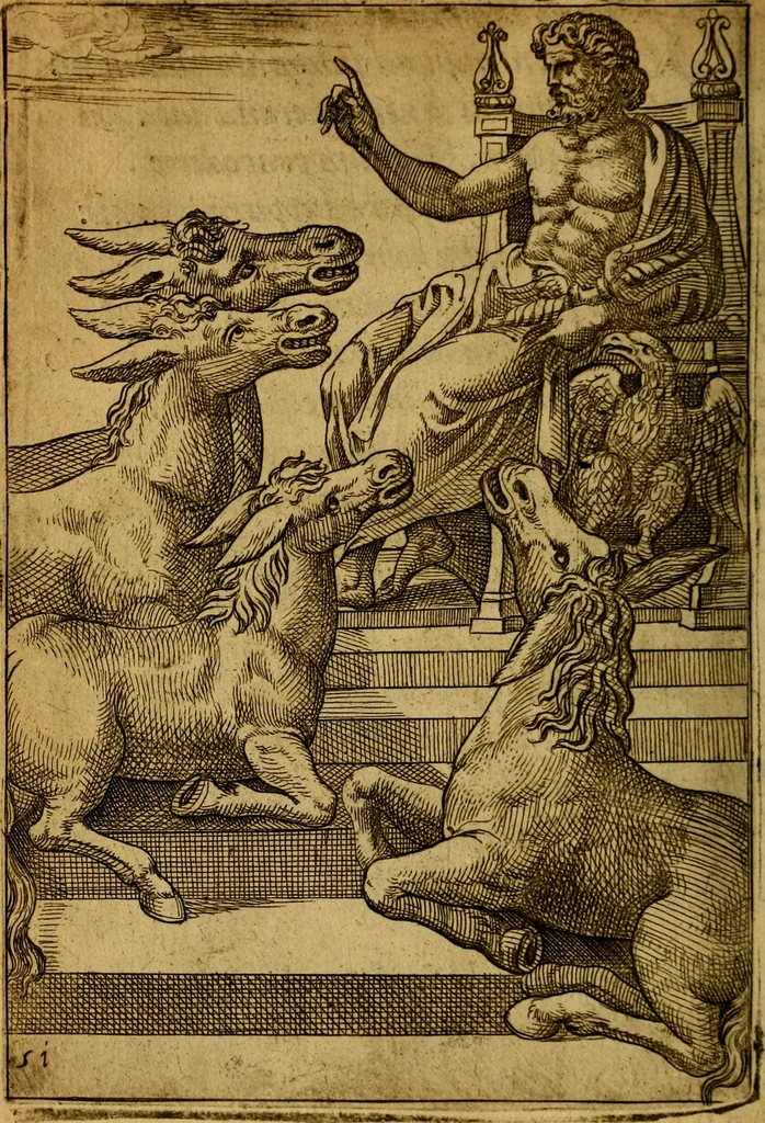 An illustration from Fabvlae centvm ex antiqvis avctoribvs delectae et a Gabriele Faerno Cremonensi carminibvs explicatae, 1564, leaf 107