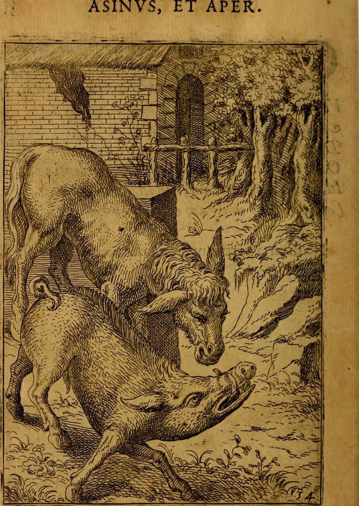 An illustration from Fabvlae centvm ex antiqvis avctoribvs delectae et a Gabriele Faerno Cremonensi carminibvs explicatae, 1564, leaf 113