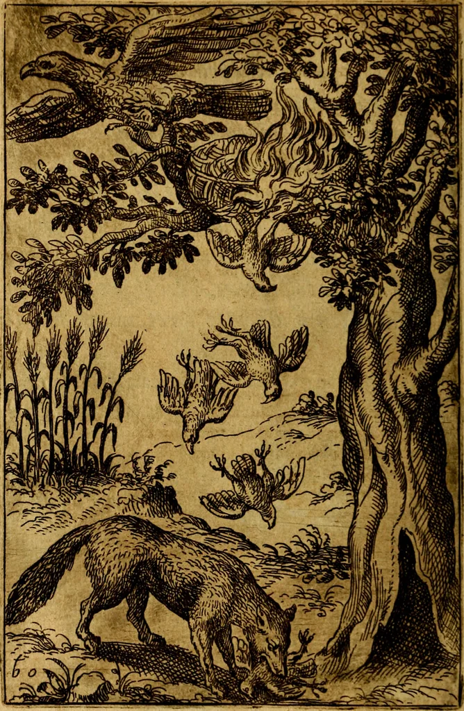 An illustration from Fabvlae centvm ex antiqvis avctoribvs delectae et a Gabriele Faerno Cremonensi carminibvs explicatae, 1564, leaf 125