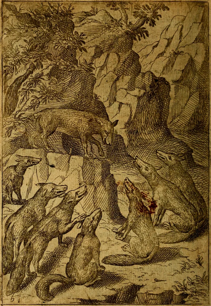 An illustration from Fabvlae centvm ex antiqvis avctoribvs delectae et a Gabriele Faerno Cremonensi carminibvs explicatae, 1564, leaf 127