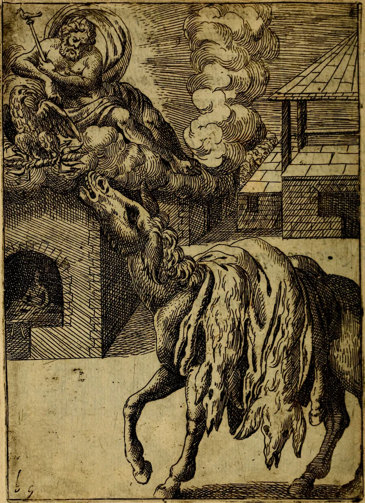 An illustration from Fabvlae centvm ex antiqvis avctoribvs delectae et a Gabriele Faerno Cremonensi carminibvs explicatae, 1564, leaf 143