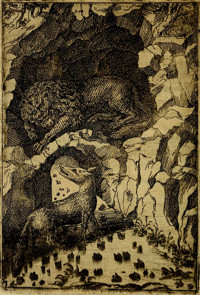 An illustration from Fabvlae centvm ex antiqvis avctoribvs delectae et a Gabriele Faerno Cremonensi carminibvs explicatae, 1564, leaf 153