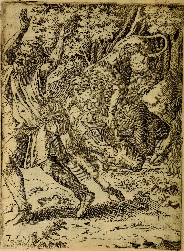 An illustration from Fabvlae centvm ex antiqvis avctoribvs delectae et a Gabriele Faerno Cremonensi carminibvs explicatae, 1564, leaf 155
