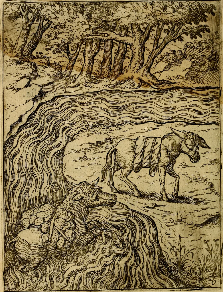 An illustration from Fabvlae centvm ex antiqvis avctoribvs delectae et a Gabriele Faerno Cremonensi carminibvs explicatae, 1564, leaf 17
