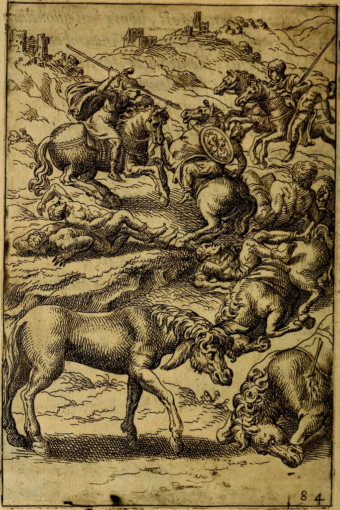An illustration from Fabvlae centvm ex antiqvis avctoribvs delectae et a Gabriele Faerno Cremonensi carminibvs explicatae, 1564, leaf 173