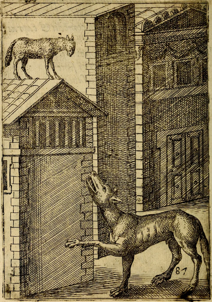 An illustration from Fabvlae centvm ex antiqvis avctoribvs delectae et a Gabriele Faerno Cremonensi carminibvs explicatae, 1564, leaf 179