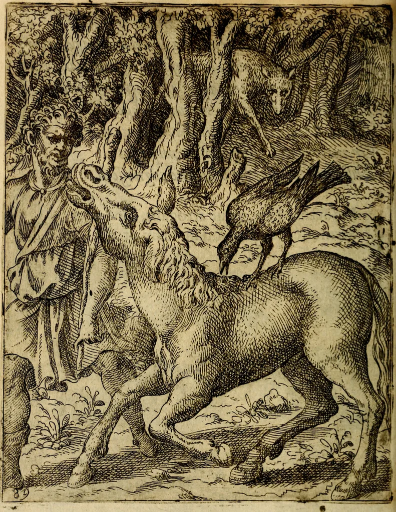 An illustration from Fabvlae centvm ex antiqvis avctoribvs delectae et a Gabriele Faerno Cremonensi carminibvs explicatae, 1564, leaf 183