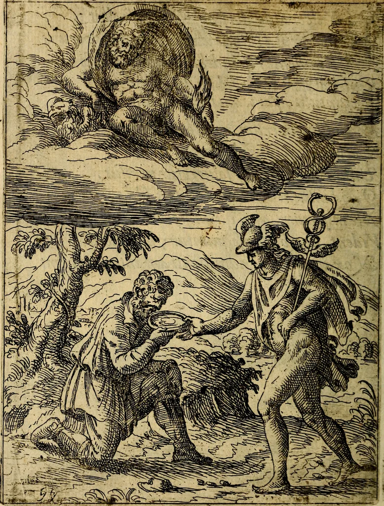 An illustration from Fabvlae centvm ex antiqvis avctoribvs delectae et a Gabriele Faerno Cremonensi carminibvs explicatae, 1564, leaf 185