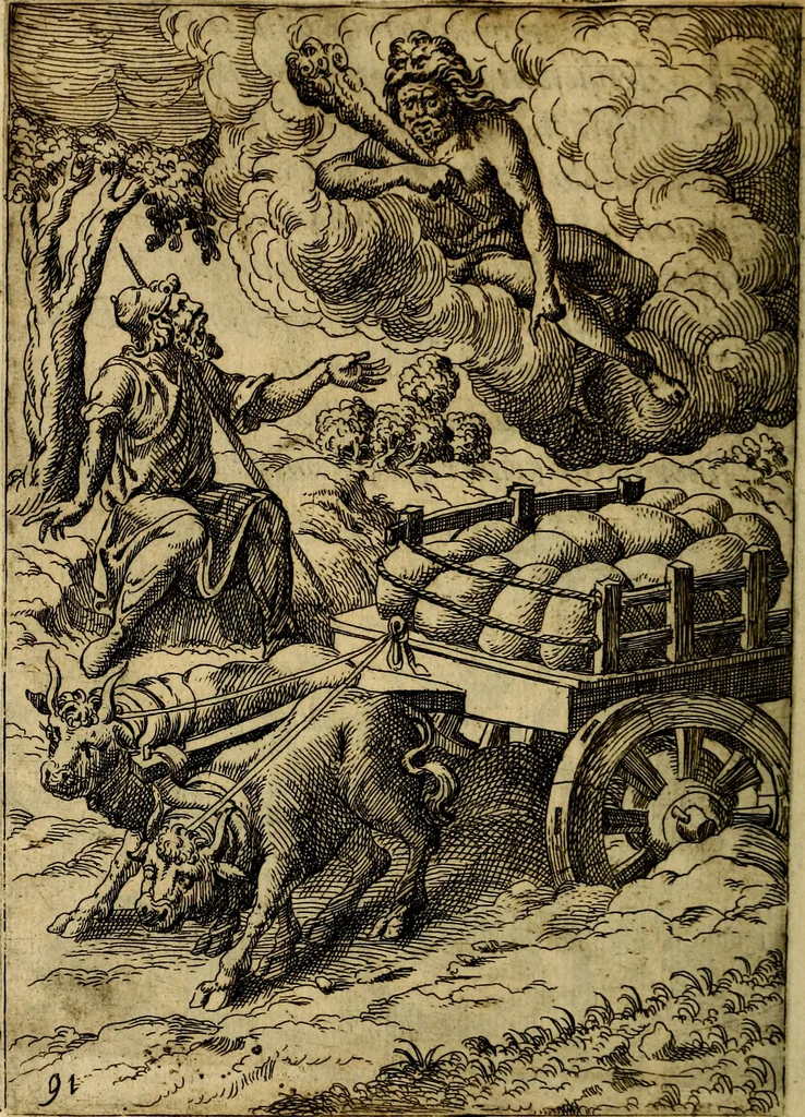 An illustration from Fabvlae centvm ex antiqvis avctoribvs delectae et a Gabriele Faerno Cremonensi carminibvs explicatae, 1564, leaf 187