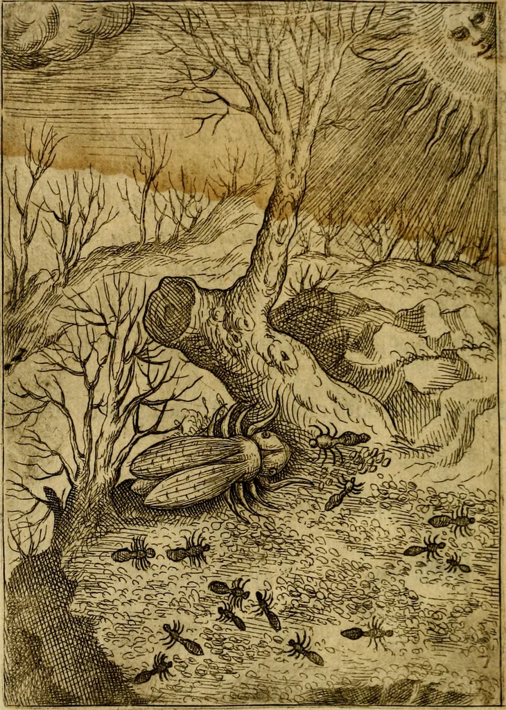 An illustration from Fabvlae centvm ex antiqvis avctoribvs delectae et a Gabriele Faerno Cremonensi carminibvs explicatae, 1564, leaf 19