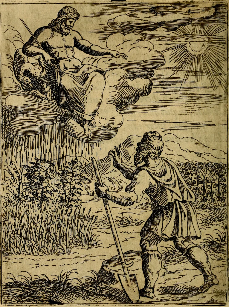 An illustration from Fabvlae centvm ex antiqvis avctoribvs delectae et a Gabriele Faerno Cremonensi carminibvs explicatae, 1564, leaf 201