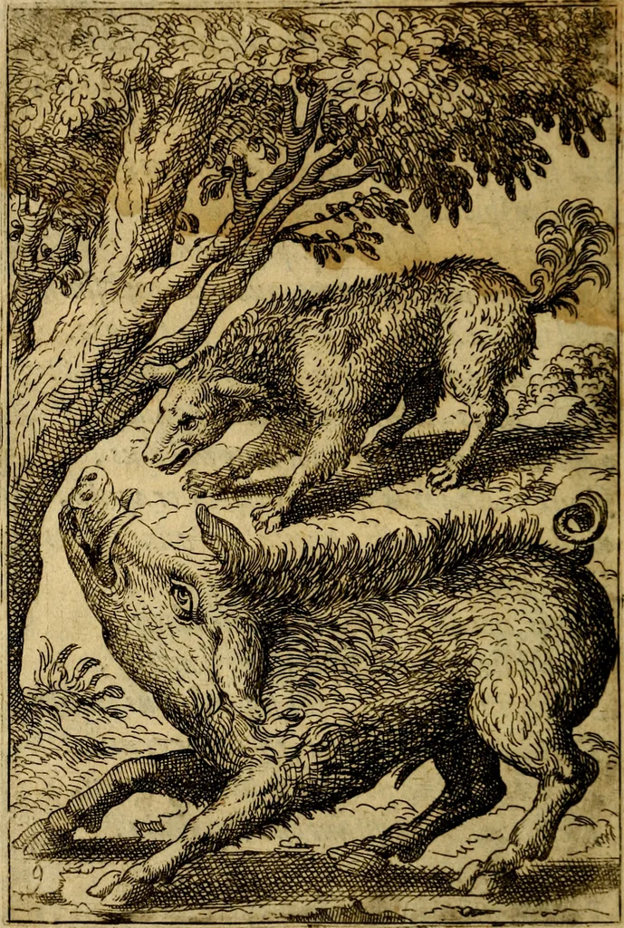 An illustration from Fabvlae centvm ex antiqvis avctoribvs delectae et a Gabriele Faerno Cremonensi carminibvs explicatae, 1564, leaf 23