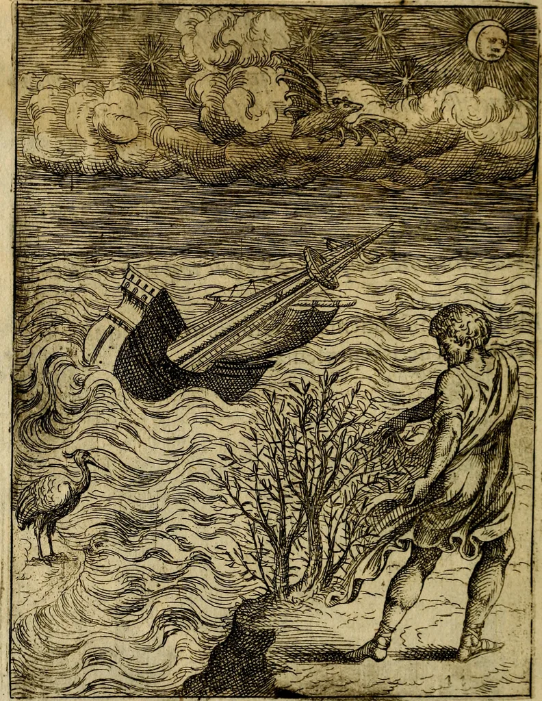 An illustration from Fabvlae centvm ex antiqvis avctoribvs delectae et a Gabriele Faerno Cremonensi carminibvs explicatae, 1564, leaf 27