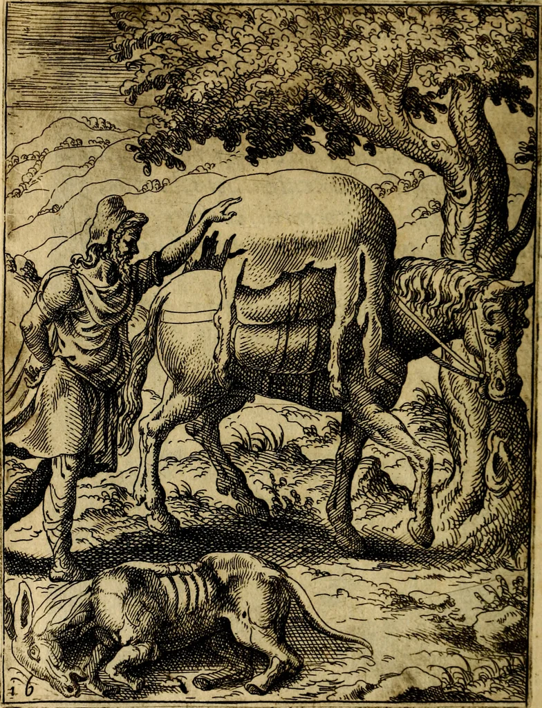 An illustration from Fabvlae centvm ex antiqvis avctoribvs delectae et a Gabriele Faerno Cremonensi carminibvs explicatae, 1564, leaf 37