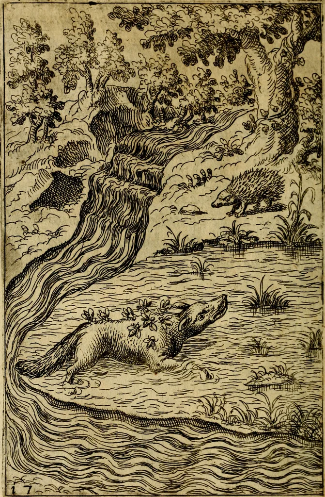 An illustration from Fabvlae centvm ex antiqvis avctoribvs delectae et a Gabriele Faerno Cremonensi carminibvs explicatae, 1564, leaf 39