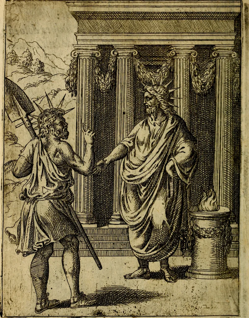An illustration from Fabvlae centvm ex antiqvis avctoribvs delectae et a Gabriele Faerno Cremonensi carminibvs explicatae, 1564, leaf 47