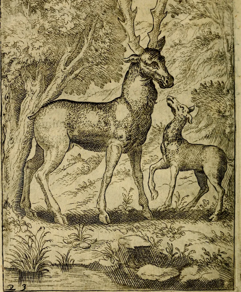 An illustration from Fabvlae centvm ex antiqvis avctoribvs delectae et a Gabriele Faerno Cremonensi carminibvs explicatae, 1564, leaf 51