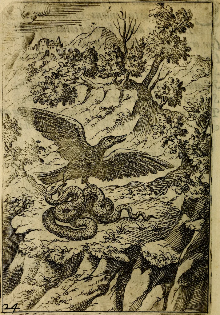 An illustration from Fabvlae centvm ex antiqvis avctoribvs delectae et a Gabriele Faerno Cremonensi carminibvs explicatae, 1564, leaf 53